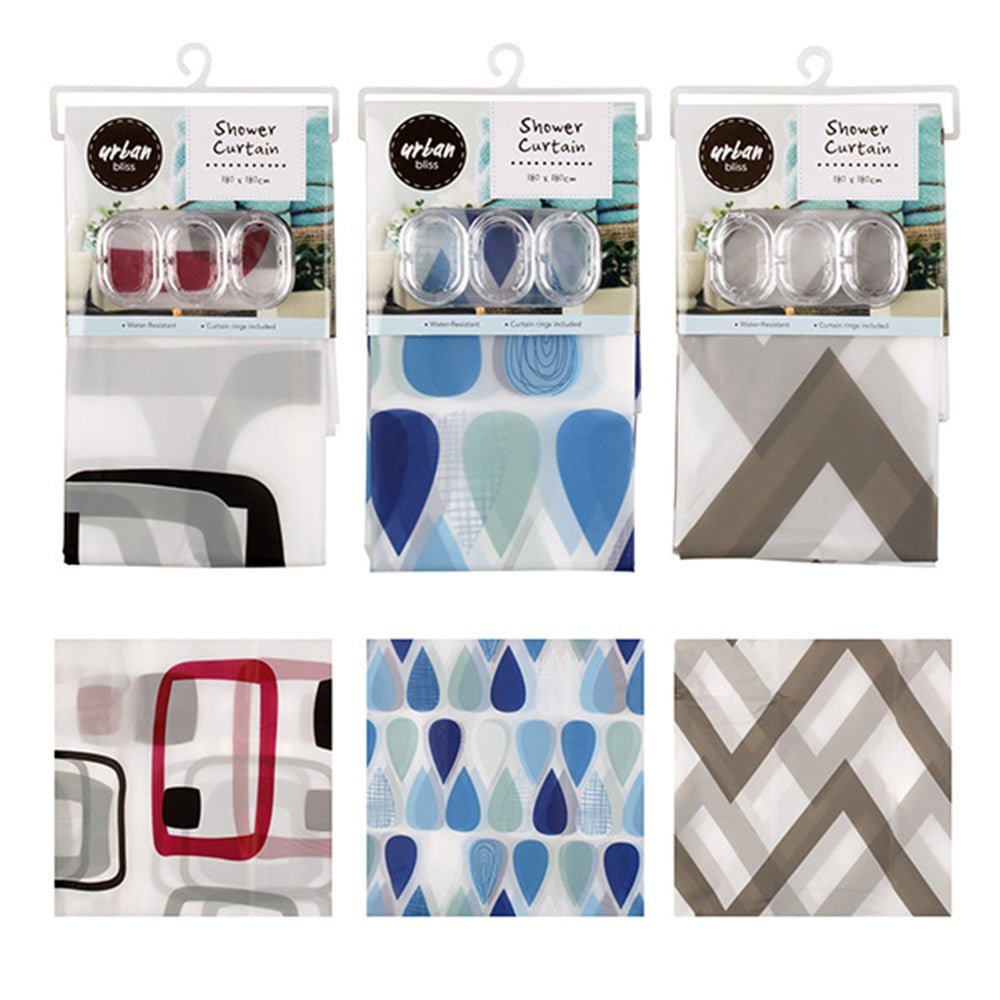 Curtain Shower Peva 3 Asstd Designs 180x180cm - $4.25 EA / CTN QTY: 12