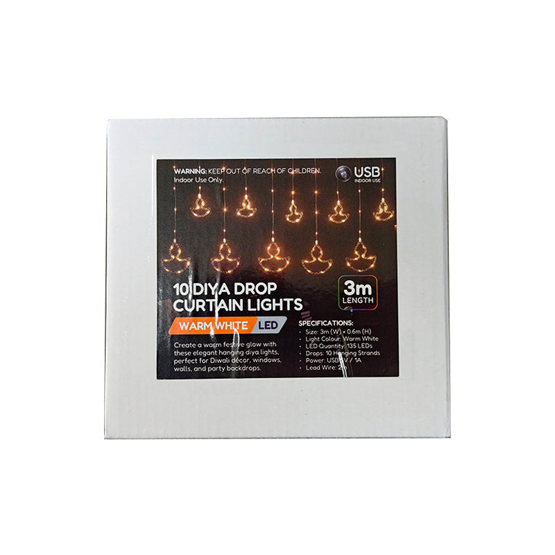 LED Diya Curtain String Lights Warm White - $10.99 EA / CTN QTY: 12