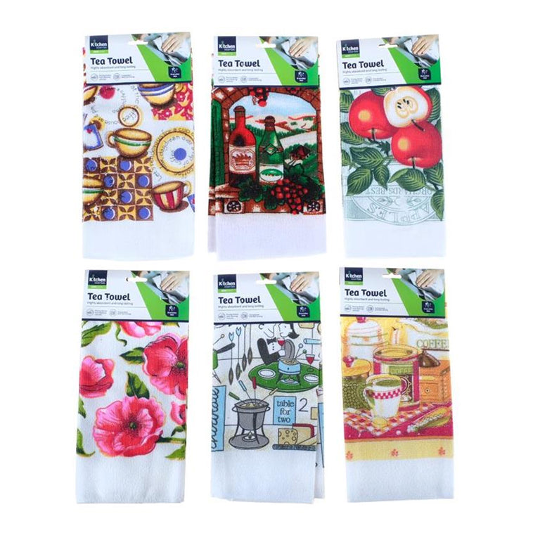 TEA TOWEL - 6 ASSORTED PRINTS 38CM X 62CM - $1.45 CTN 6