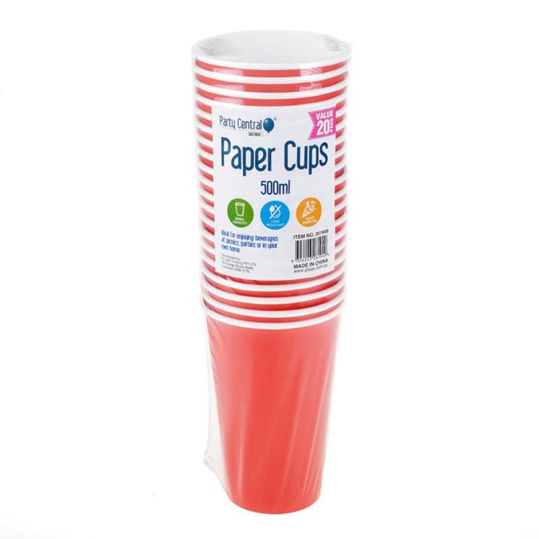 DISPOSABLE PAPER CUP- RED 500ML (20PK) - $2.99 CTN 24