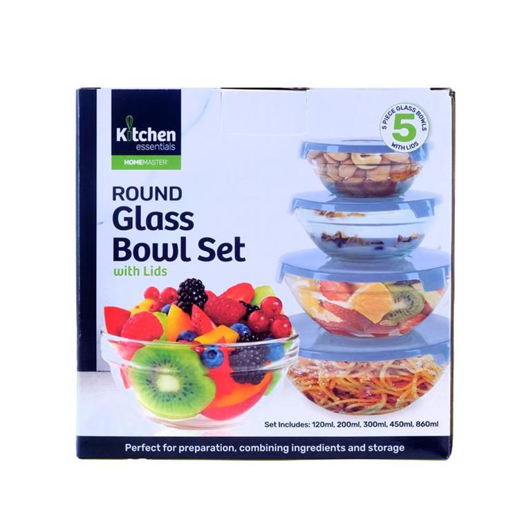 Glass Round Bowl w/ Lid Set 5PCS - $4.99 EA / CTN QTY: 12