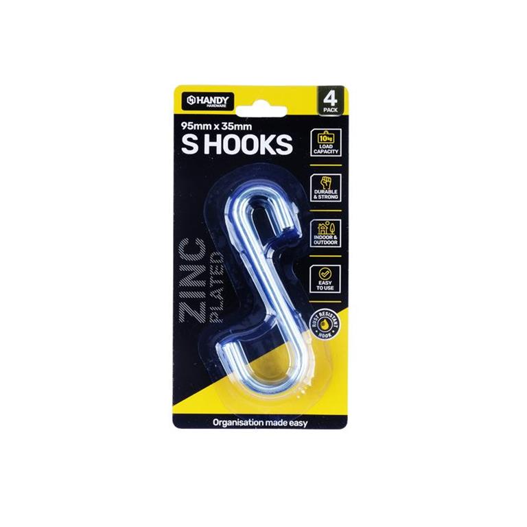 S Hook Zinc Plated Steel 95mm x 35mm 4pk - $1.35 EA / CTN QTY: 12