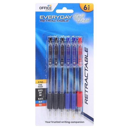 Pen Retractable Ball Point Black, Blue, & Red 6PK - $1.50 EA / CTN QTY: 12