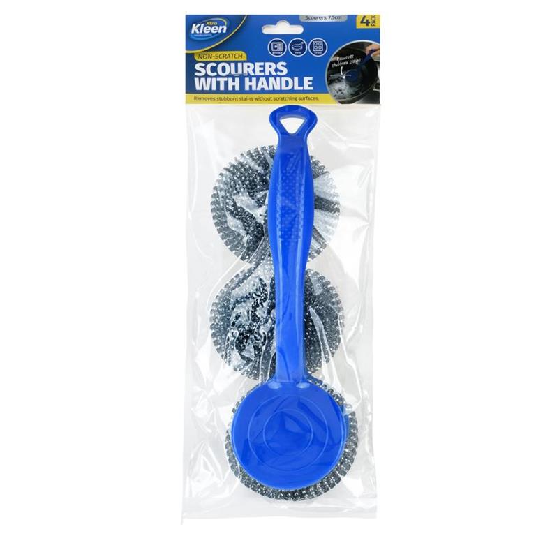 SCOURER WITH HANDLE INCLUDES 2 REFILL SCOURERS 4P GREY - $1.65 CTN 6