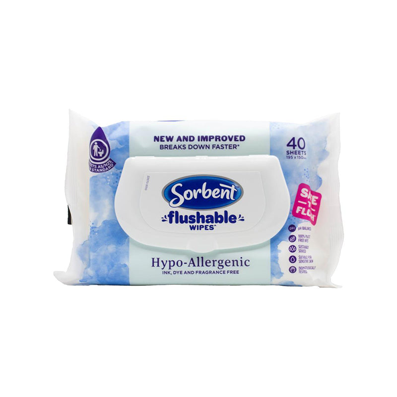 Sorbent Flushable Wipes Hypoallergenic 40pk - $2.99 EA / CTN QTY: 14