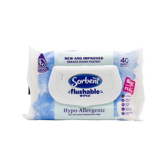 Sorbent Flushable Wipes Hypoallergenic 40pk - $2.99 EA / CTN QTY: 14