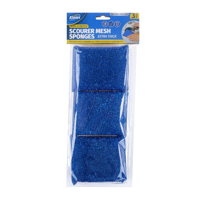 MESH SPONGE SCOURER 11CM X 8CM X 1.5CM - 3PK  BLUE - $1.65 CTN 6