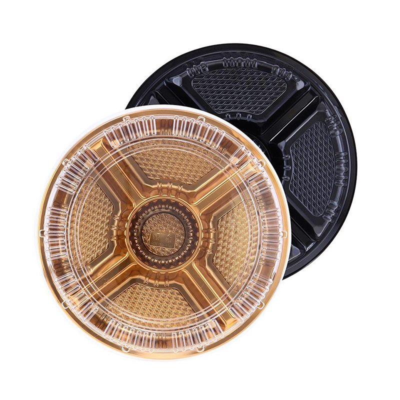 Tray 5 comp Reusable Plastic Gold & Black 35x35x4cm w/ Lid - $2.50 EA / CTN QTY: 24