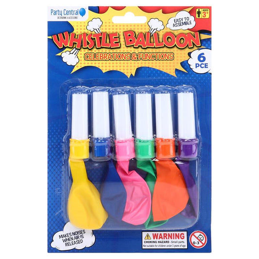 Whistle Balloons Assorted Colours 6pk - $1.20 EA / CTN QTY: 12